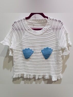 Source Unknown White Crochet Scoop Neck Sweater with Blue Shell Accents